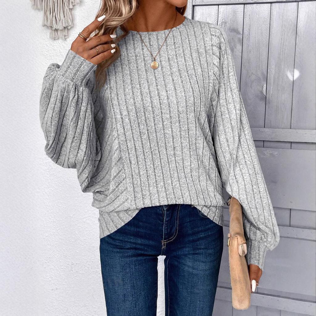 Осенне-зимняя женская свободная трикотажная одежда больших размеров в полоску с длинным рукавом