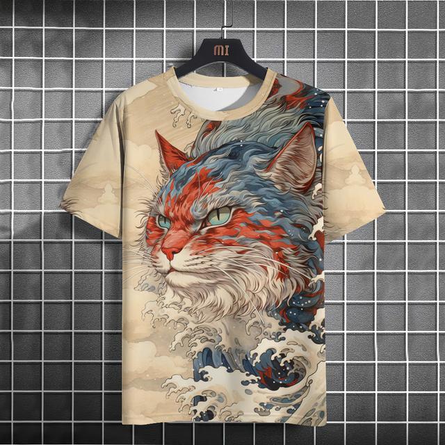 Men T-Shirts Casual Short Sleeve Tops Japanese Style Ukiyoe Graphic Clothing Oversized Summer Apparel Male T-Shirts Cat Pattern
