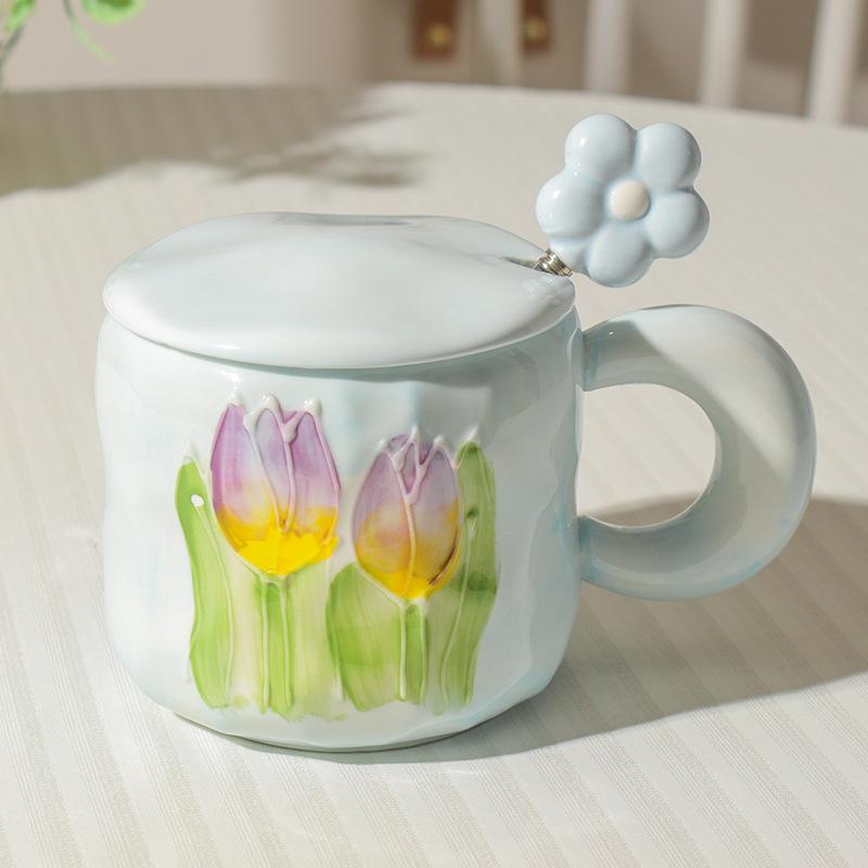 Высокоценная чашка-тюльпан в стиле инс для девочек, милая керамическая кружка с крышкой и ложкой, парная, для дома, для кофе