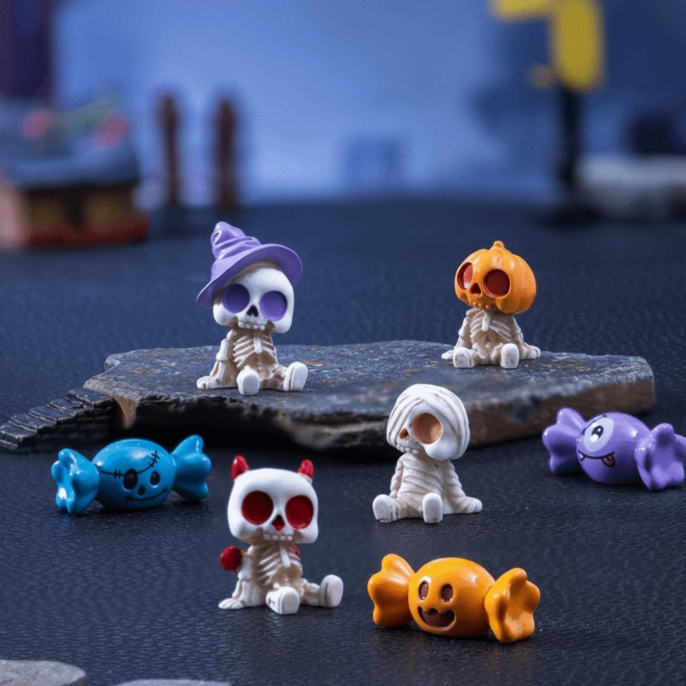8 Pcs/Set Pumpkin Ghost Skull Design Halloween Figurines Miniature Resin Craft Halloween Party