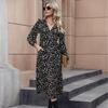 Women Autumn Winter Long Sleeve Print Elegant V-neck Casual A-Line Ankle-Length High Waist Dress