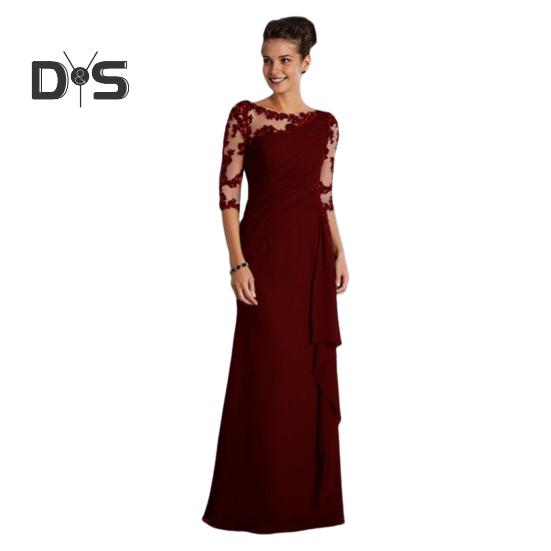 Women Evening Dress See-through Mesh Patchwork Half Sleeves Slim Fit Floral Embroidery Ruffle Pleated Full Length Prom Party Maxi Dress