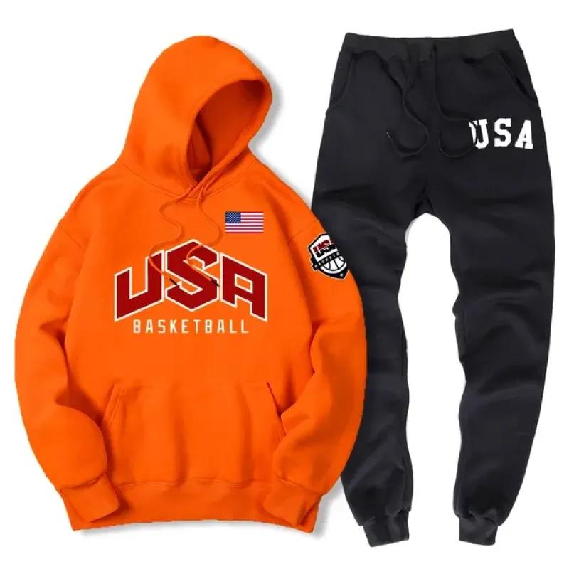 США баскетбольная уличная спортивная одежда с принтом спортивный костюм мужской теплый комплект из двух предметов свободная толстовка с капюшоном брюки комплект спортивный костюм с капюшоном
