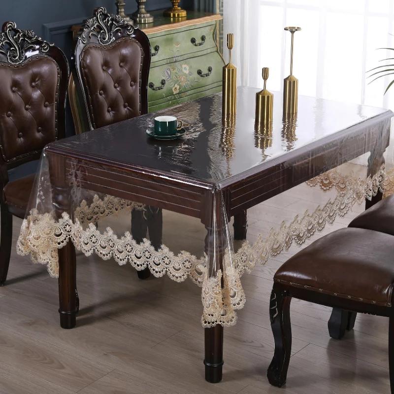 Прозрачная скатерть из ПВХ. Водонепроницаемая, маслостойкая, прозрачный коврик для журнального столика. Моющаяся и нескользящая скатерть с кружевным краем.