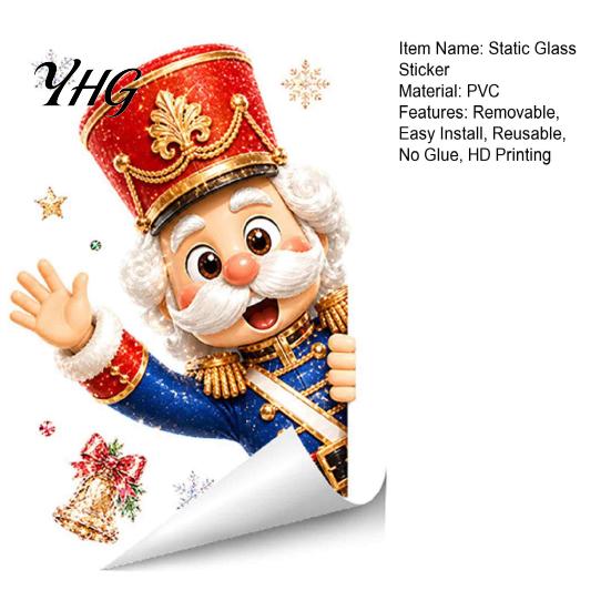 Transparent Decorative Stickers Christmas Static Window Clings, Removable Glass Decals, Snowman Santa Reindeer Nutcracker Film with Snowflakes,