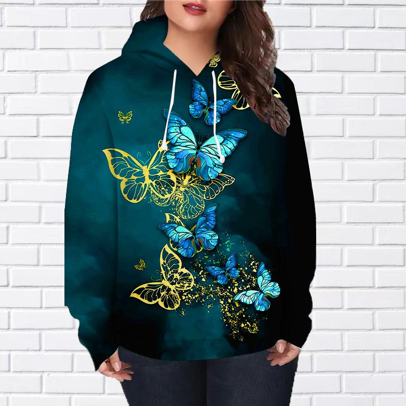 Женская мода синяя блузка с принтом бабочек, свободная толстовка с капюшоном, повседневная блузка с длинным рукавом, пуловер