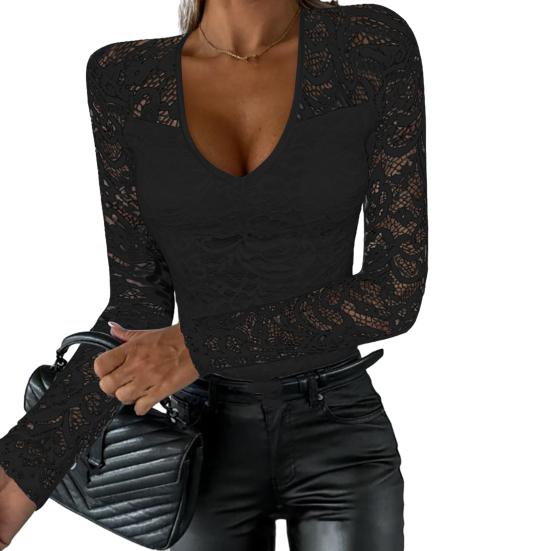 Осень-весна женский топ с вырезом из кружева с цветочной вышивкой, однотонный однотонный топ с v-образным вырезом и длинным рукавом, облегающий лоскутный мягкий женский сексуальный топ