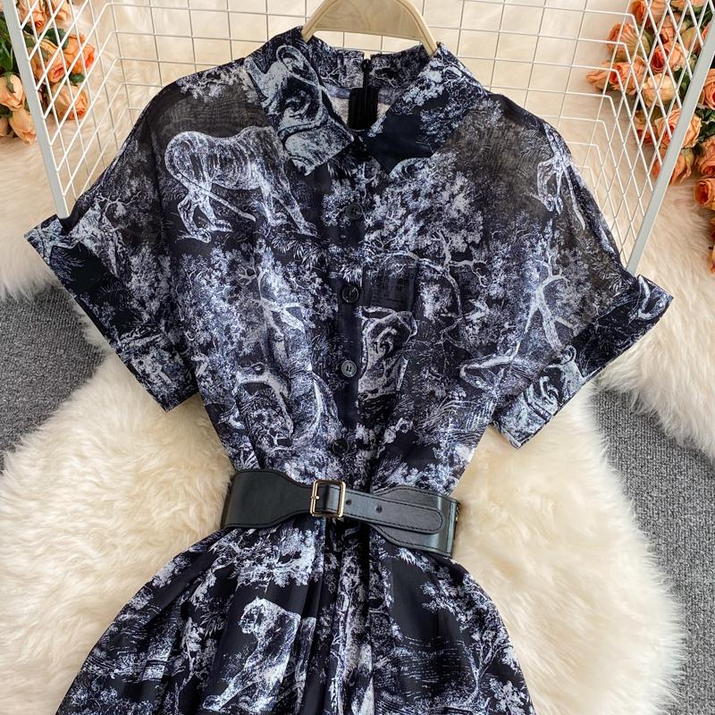 RUGOD Лето 2022, новое легкое платье с короткими рукавами и лацканами, в знакомом стиле, длиной выше колена с ретро-принтом, элегантное длинное платье с большой талией