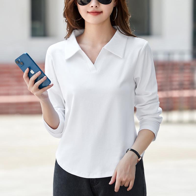 Women's Solid Color Long Sleeve T-Shirt with Turn-Down Collar and Curved Hem - Autumn 2025 Collection