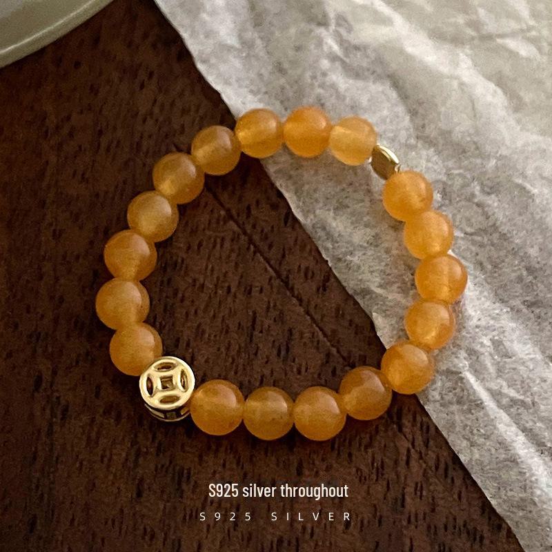 Banyan Tree S925 Silver Gold-Plated Zodiac Topaz Beaded Ring - Fortune-Attracting Chinese Style Elastic Rope Women's Ring