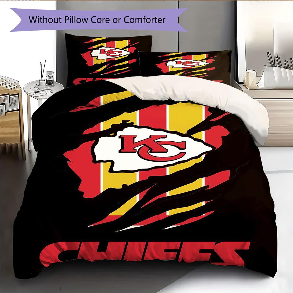 KC Chiefs Pattern Bedding Home Decoration Birthday Gift ( 1 duvet cover + 2 pillowcase, without core),fan merchandise.