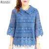 Womens Summer Casual 3/4 Sleeve Patchwork Embroidered Lace Blouse