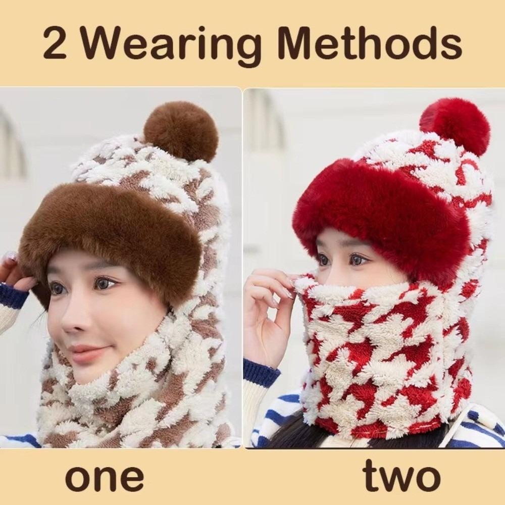 Houndstooth Pattern Plush Ski Mask Scarf Hat Breathable Neck Cover Face Cap  Camping