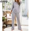 Women's Fashion Casual Summer Spring Stripe Print 1/2 Sleeves O-Neck Trousers Pants Suits