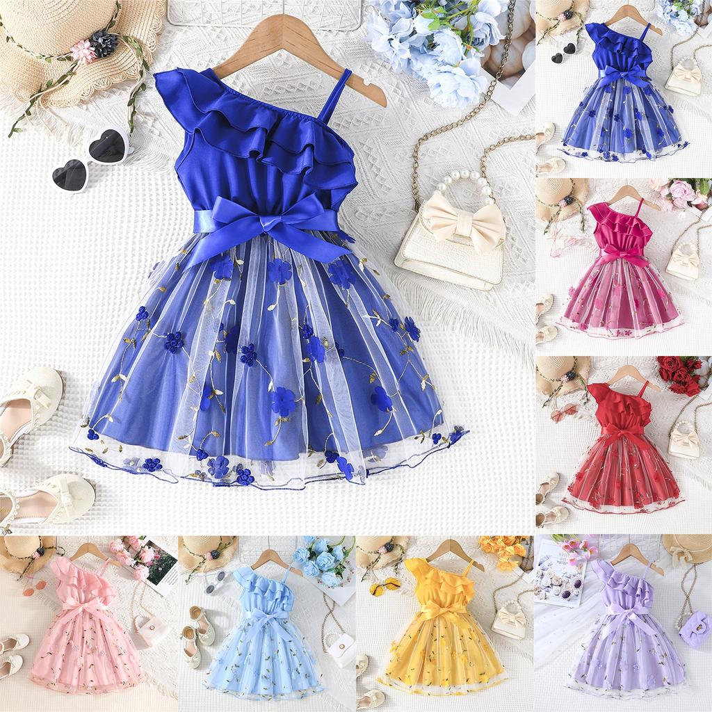 Summer Children Leaf Inclined Shoulder Strap Craft Skirt Girls Fashion Casual Dress