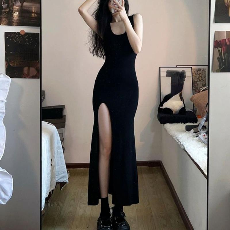 Черное платье без рукавов на бретельках, женское сексуальное облегающее платье макси с боковым разрезом, женское летнее корейское простое цельное платье