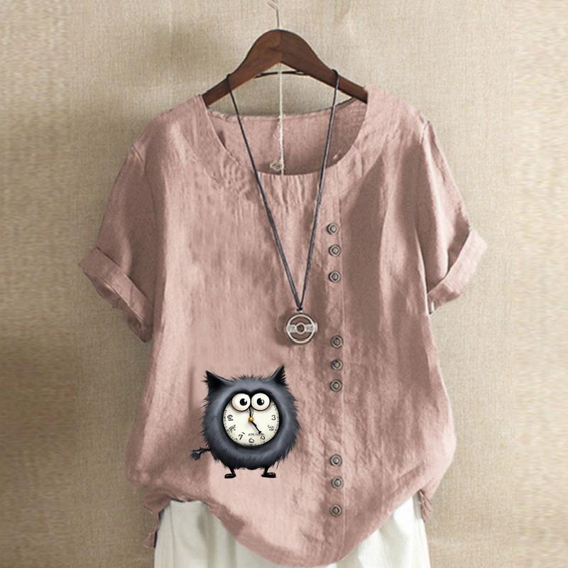 Women's Fashion Alarm Clock Cat Prined Short Sleeve T-shirt Loose Cotton Shirt Casual Loose Summer Blouse Tops Plus Size
