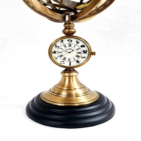 Nautical Brass Armillary Sphere World Globe with Analog Clock Rosewood Base Home Decorative