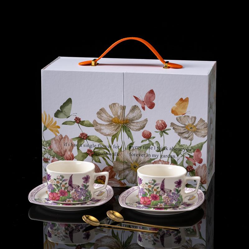 Фиолетовая чашка и блюдце Керамическая кружка Ретро Легкая роскошь Набор кофейной чашки и блюдца Ирис Стакан для воды Подарочная коробка для мероприятия