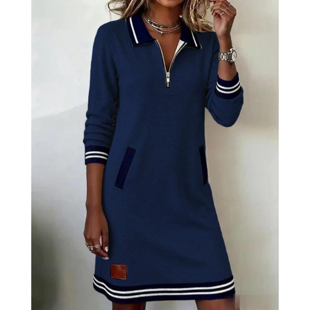 Fall Winter Women's Casual Color Block Dress Zip Collar Long Sleeve Pockets Dress European American Style