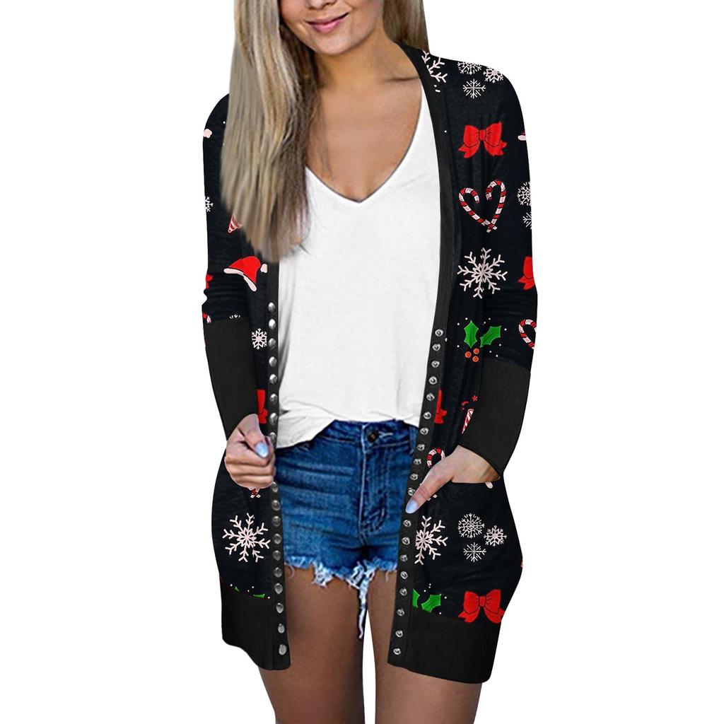 Женский рождественский кардиган с длинными рукавами и принтом, легкая куртка