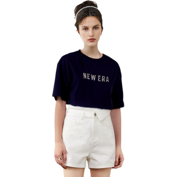 New Era SS24 Серия Скейтборд Свободная футболка с принтом букв, круглым вырезом, коротким рукавом, унисекс, темно-синий 14187445