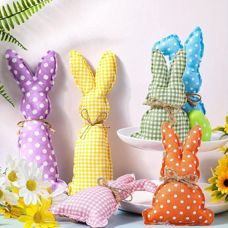 Set Of Six Bunny Tray Ornament Decoration Polka Dot Easter Fabric Cute Plaid Holiday Party Little Fresh