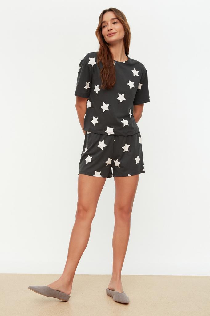 Women's Fashion New Pajama Set Light Pink 100% Cotton Star Patterned Tshirt-Shorts Knitted Pajama Set