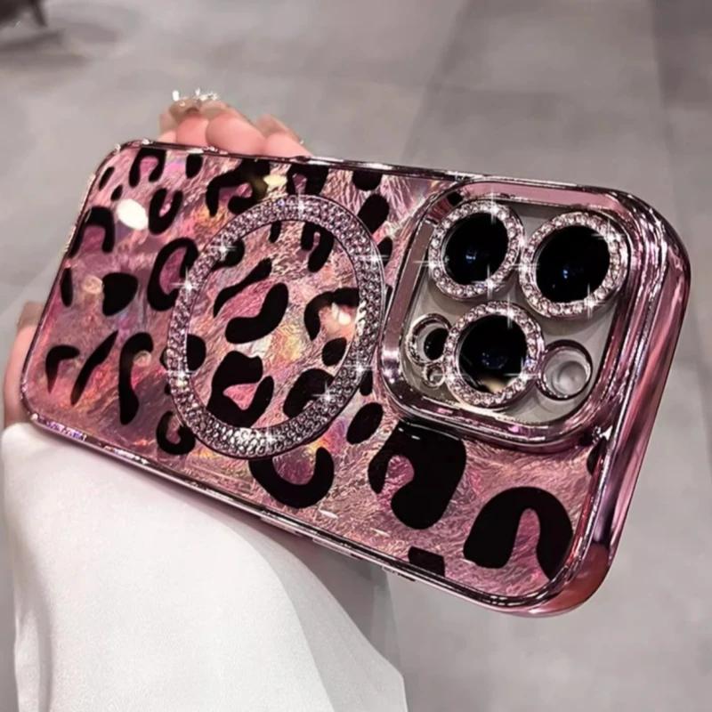 Для iPhone 16 Pro Max Роскошный чехол Magsafe Magnetic Flash Diamond Leopard Print для iPhone 11 12 13 14 15 16 Pro 14 15 16 Plus с защитой объектива