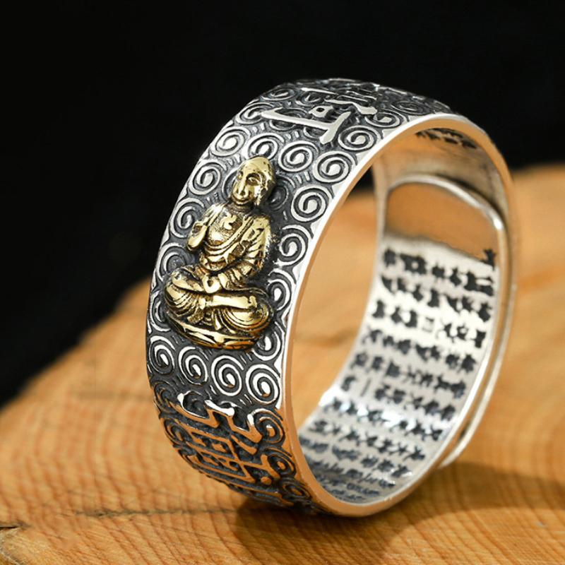 Кольцо Namo Amitabha из стерлингового серебра с тиснением в стиле ретро сутра-сердца Будды в этническом стиле, различные серии, мужские кольца, ювелирные изделия