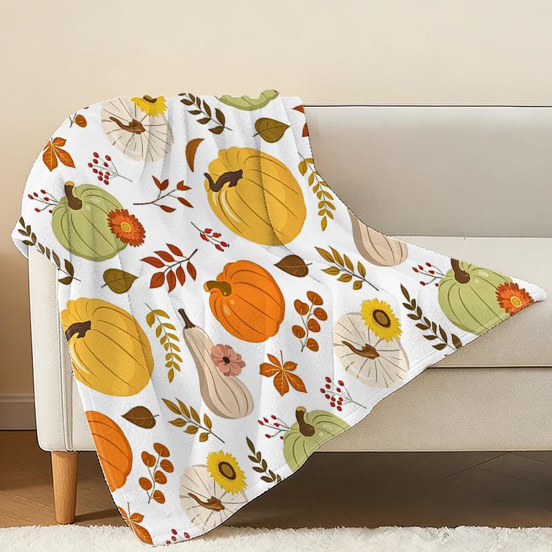 Soft Flannel Fleece Blanket, Lightweight & Warm with Cute Pumpkin Floral Print Perfect for Couch Naps, Home Lounging, Window Seat Decor