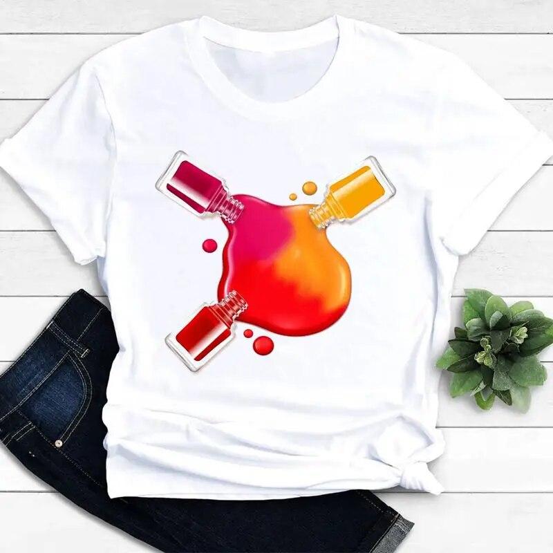 Women T-shirts Nail Art Lovely Spring Short Sleeve Ladies Fashion Casual Clothing Cartoon Clothes Female Tee Graphic Tshirt