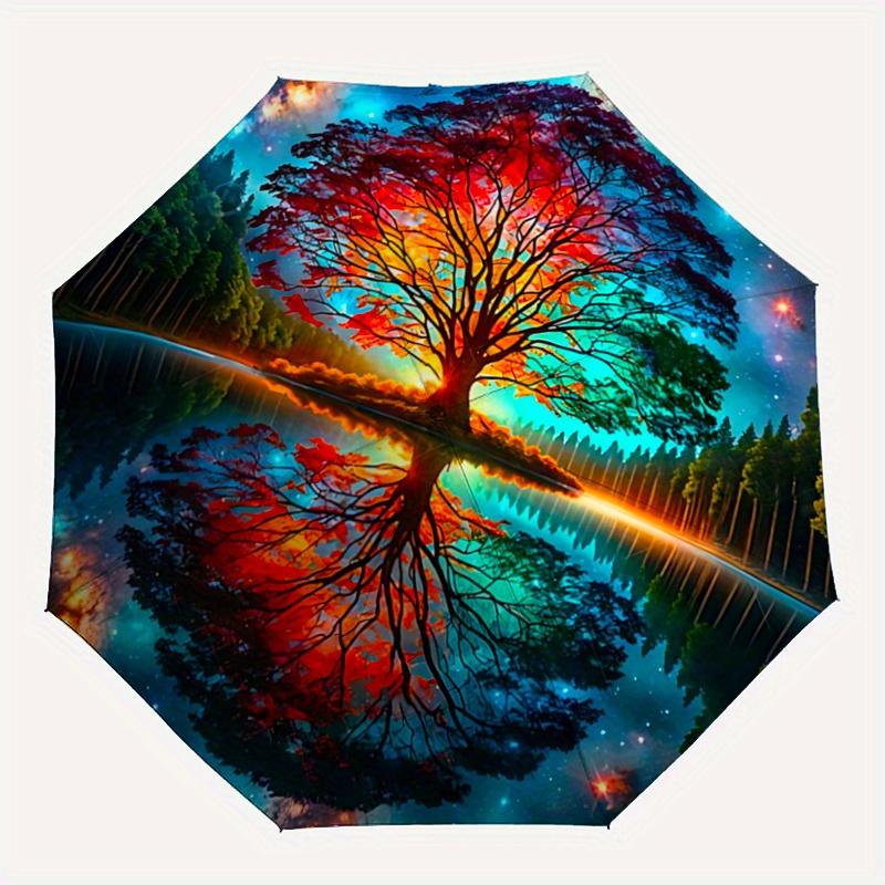 1pc The Enchanted Tree in a Dreamlike Forest Pattern Beautiful Looking Automatic Folding Umbrella, 3 Folding, 8 Iron Frame Design, Durable and Su
