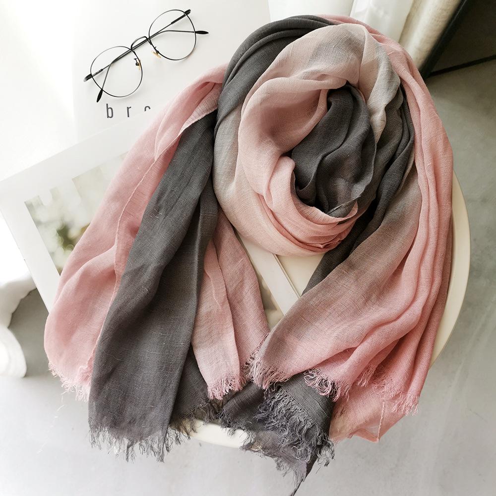 Gradient Color Block Bamboo Yarn Scarf for Women - Japanese Korean Mori Girl Style, Autumn Winter Cotton Linen Flax Shawl