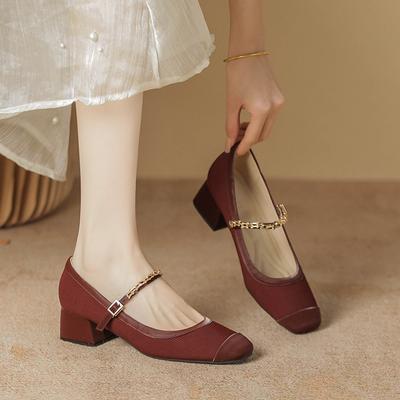 Весенние французские ретро бордовые свадебные туфли с мелким вырезом Мэри Джейн квадратный носок толстый каблук ремешок с пряжкой на одном слове одинарные туфли женские