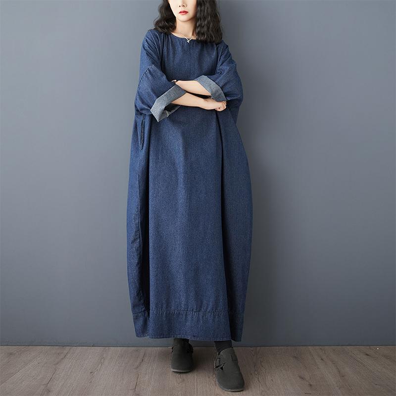Dimanaf 2025 Women Plus Size Dress Solid Fashion Casual Denim Basic Long Dress Cotton Vintage Loose Blue Clothing