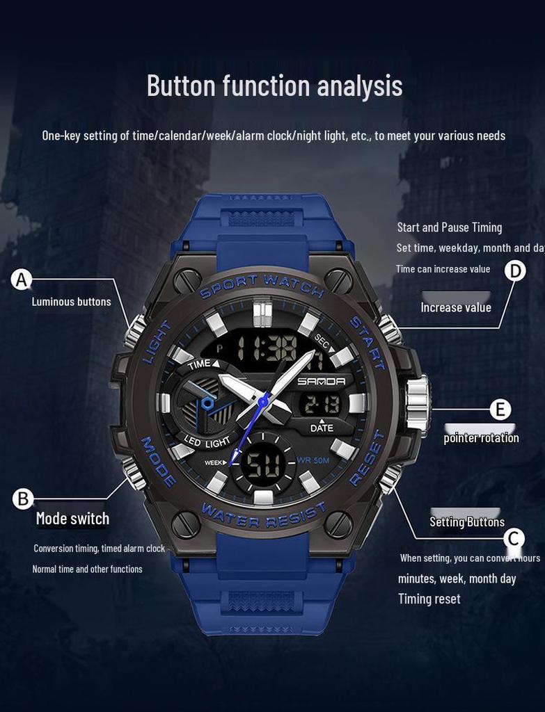 Sanda Men's Multifunctional Waterproof Luminous Military-Style Outdoor Sports Electronic Watch