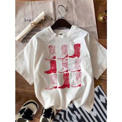 Женская летняя ретро футболка из хлопка с принтом ботинок, модная, в западном стиле, повседневного кроя, с круглым вырезом, с коротким рукавом, дышащая футболка