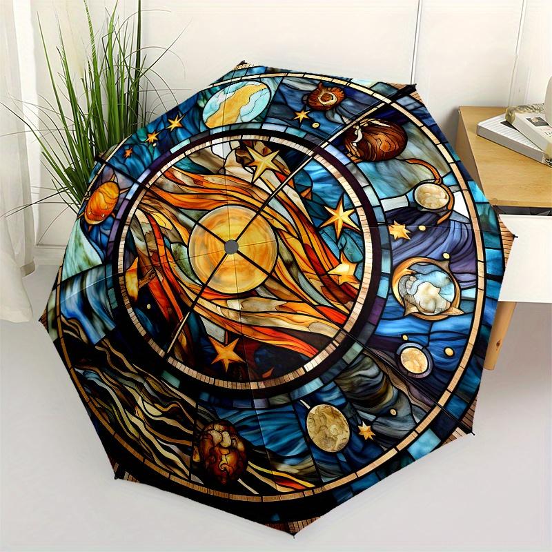 Stained Celestial Window Panel: Vibrant Solar System DesignUmbrella, Portable 3-Fold Compact Umbrella for Men & Women Gift