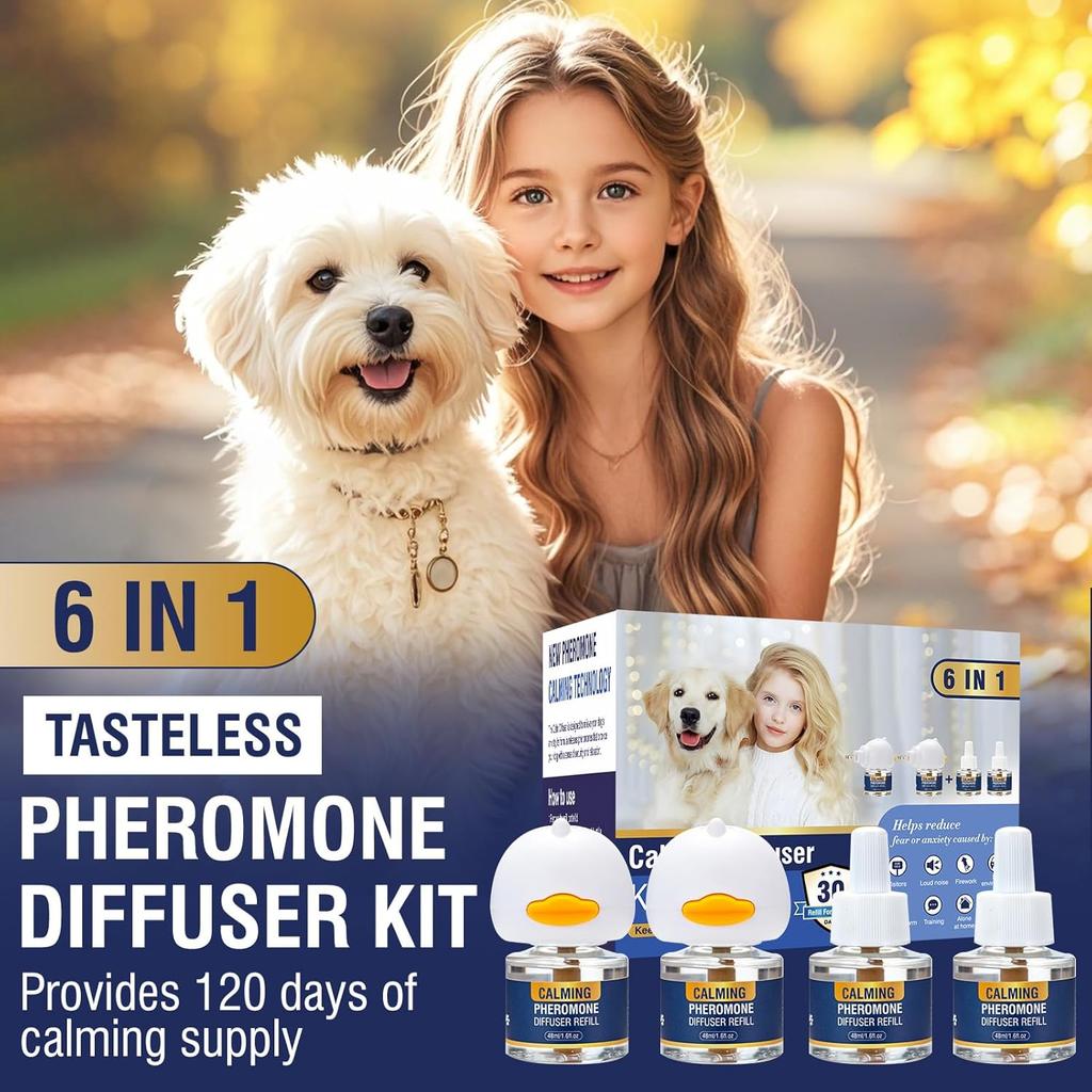 Диффузор с феромонами для успокоения собак 6 в 1 Набор Успокаивающий диффузор с феромонами для успокоения (2 штекера + 4 x 48 мл сменных картриджа) для снятия тревожности, снижения агрессии