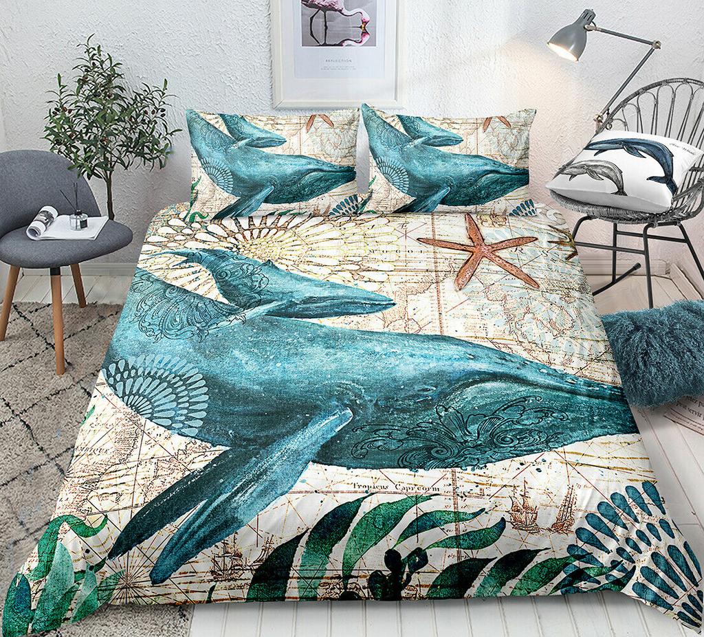 Sea Turtle Bedding Ocean Duvet Cover Set Teal Mediterranean Style Marine Theme Design Ocean Bedding Sets Queen King Twin Size