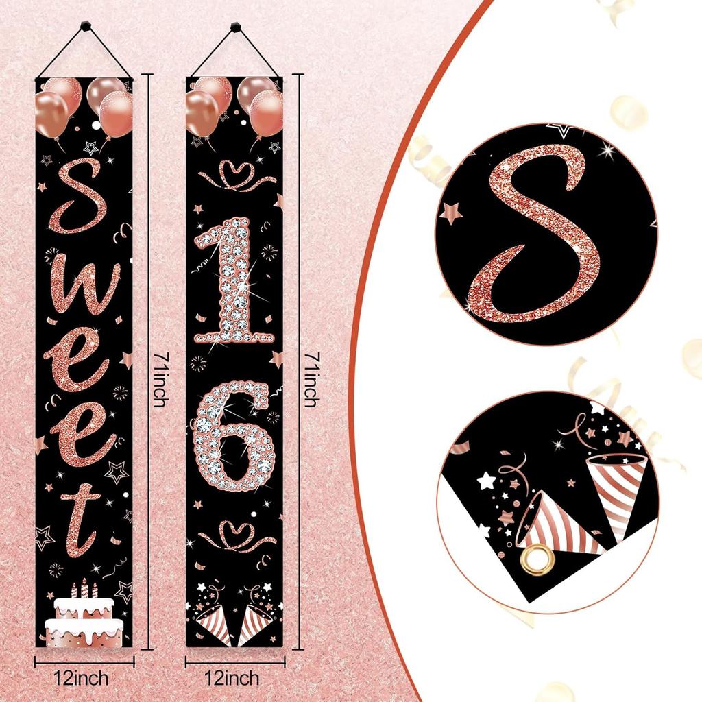 Sweet 16 Party Decorations, Black Rose Gold Happy 16th Birthday Decorations for Girls Sixteen Year Old Birthday Door Banner Porch Sign Party Supplies