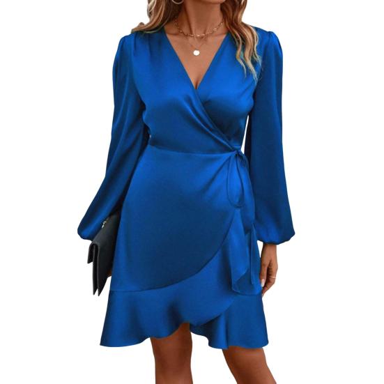Женское мини-платье с V-образным вырезом, длинным рукавом-фонариком и боковой шнуровкой