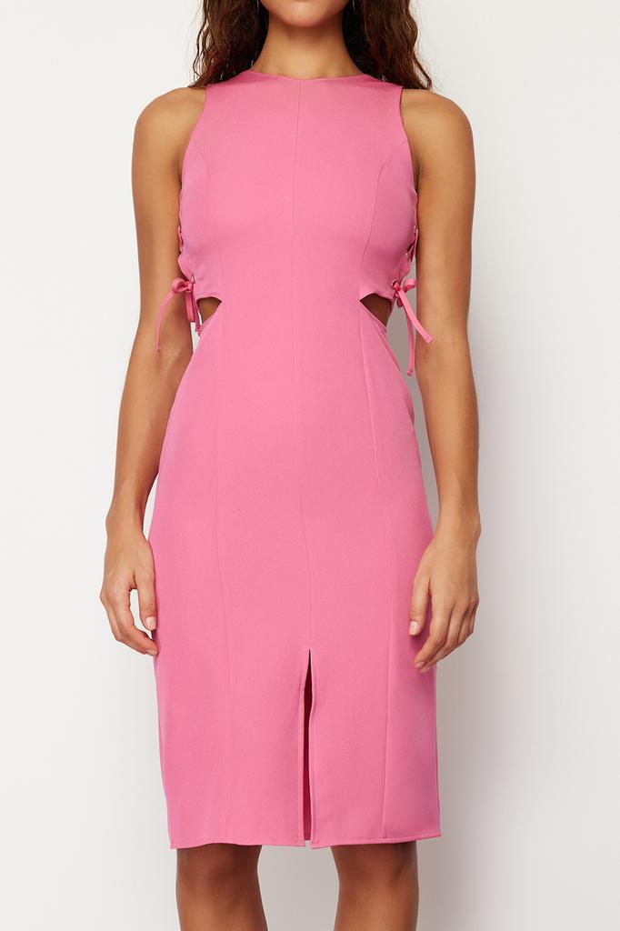 Women's Fashion New Dress Black Fitted Cut Out Detailed Sleeveless Midi Woven Dress