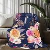 1pc Floral Print Blanket - Navy Blue Floral Pattern with Pink, Peach, Orange, Green - Soft & Breathable All-Season Throw - Machi