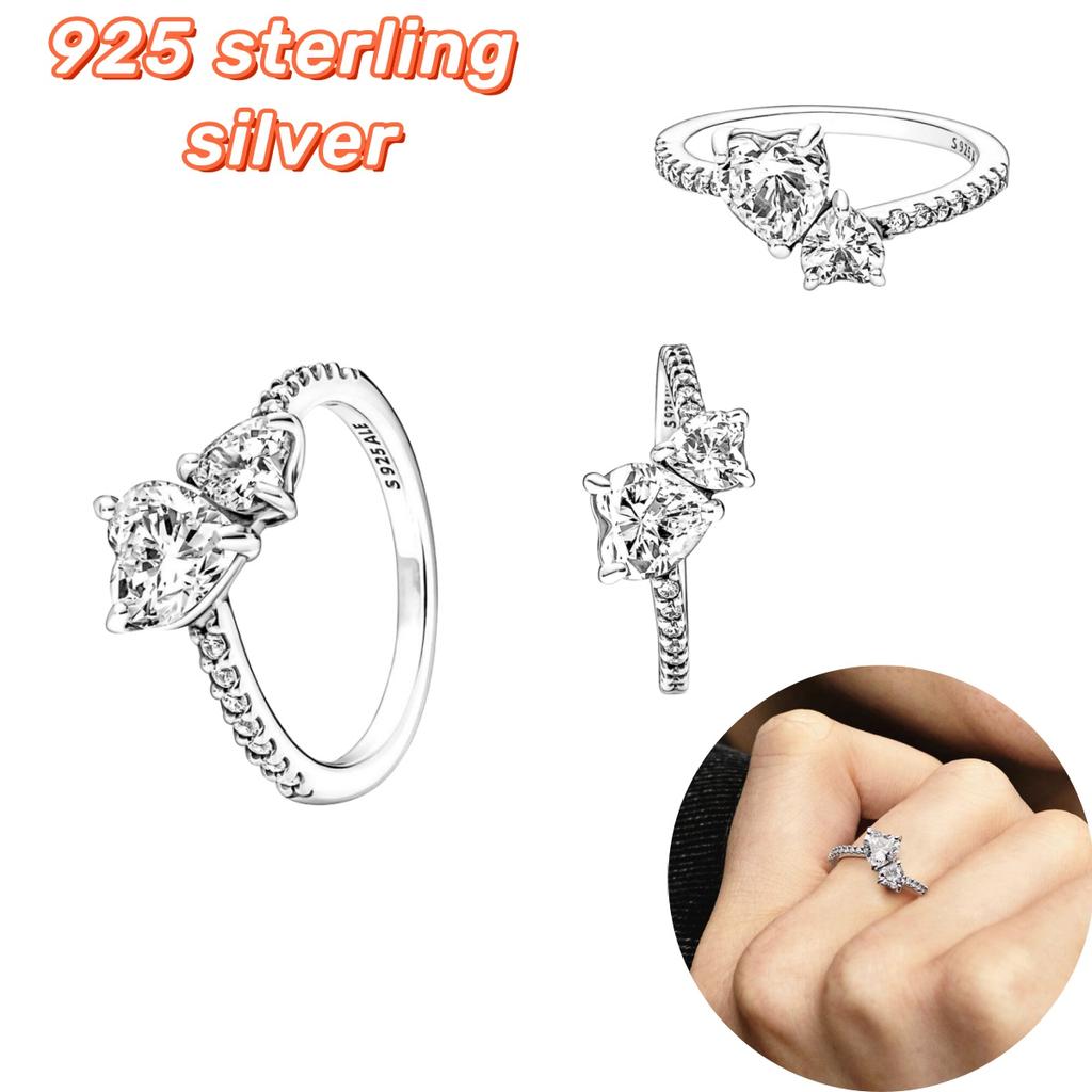 Серебряное кольцо SS925 с искрящимся небесным солнцем, кольца с двойным сердцем для женщин, брендовые ювелирные изделия, подарки