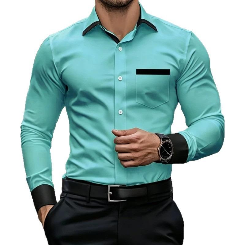 Мужская рубашка business casual с контрастным воротником, эластичная, облегающая, с длинным рукавом, не мнущаяся