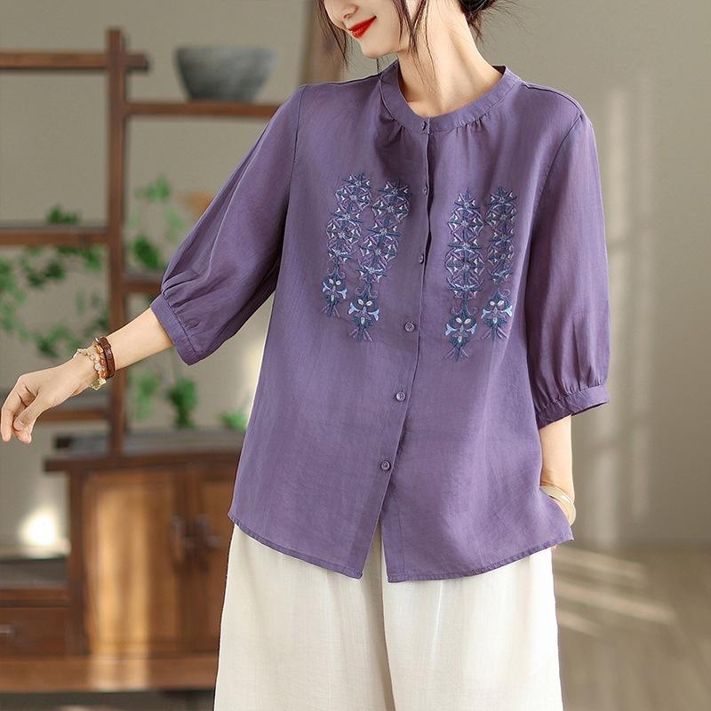 2025 лето новый большой размер тяжелая промышленность вышитая хлопково-льняная рубашка женственность воротник-стойка рубашка вышитый тонкий топ лето