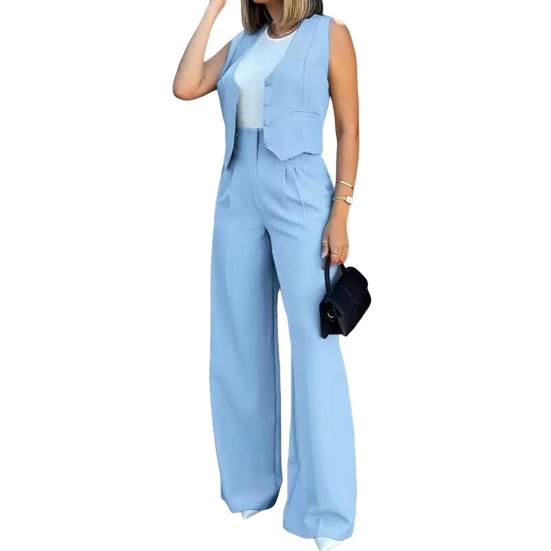 Женские деловые костюмы-двойки: укороченный жилет на пуговицах с V-образным вырезом и комплект брюк с высокой талией, летний офисный рабочий костюм