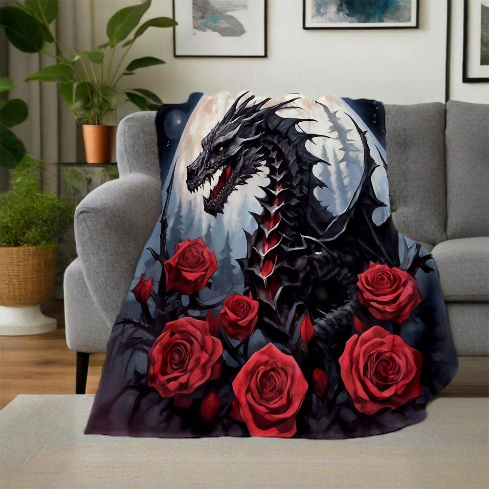 "Dark Fantasy Dragon with Red Roses Wall Art Print"Blanket Flannel Throw Blanket for Sofa, Bed, Travel, Camping, Office, Couch, Chair, And B